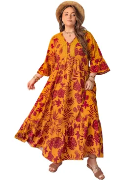 TEEK - Tangerine Plus Size Lace Trim Printed V-Neck Dress