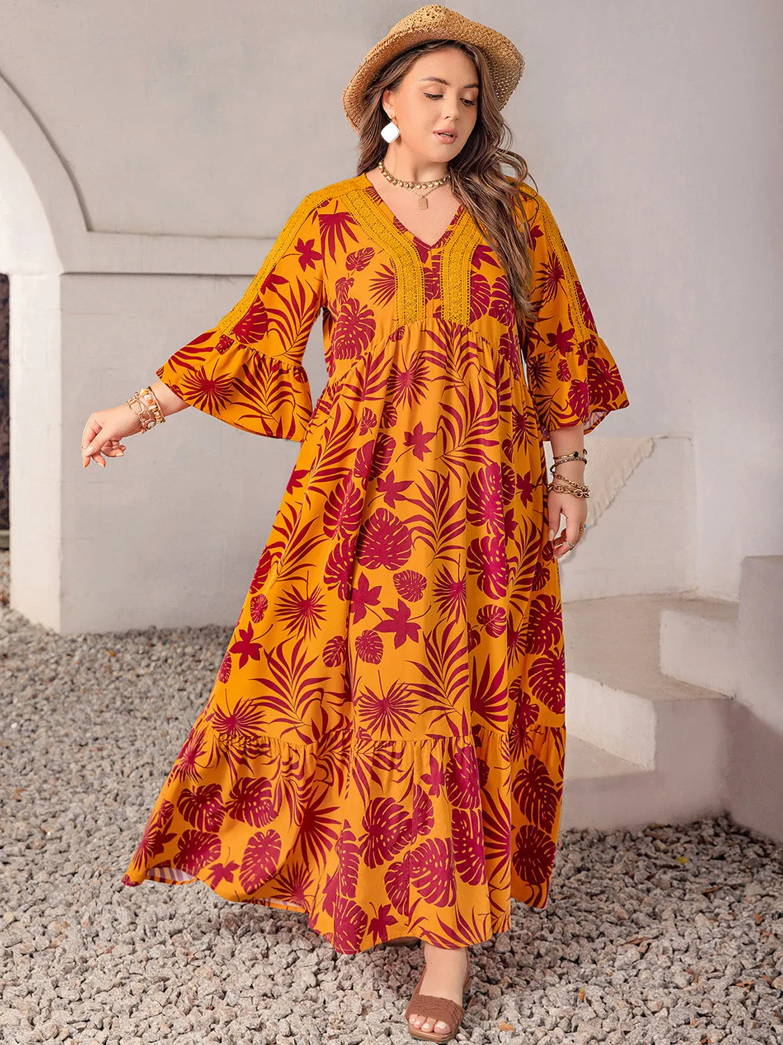 TEEK - Tangerine Plus Size Lace Trim Printed V-Neck Dress