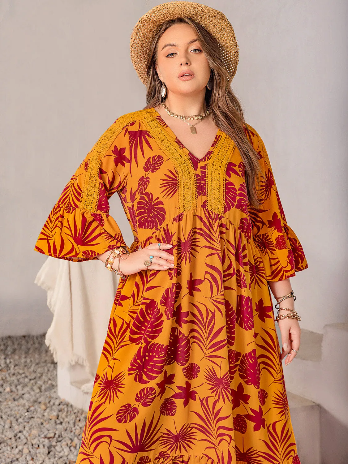 TEEK - Tangerine Plus Size Lace Trim Printed V-Neck Dress