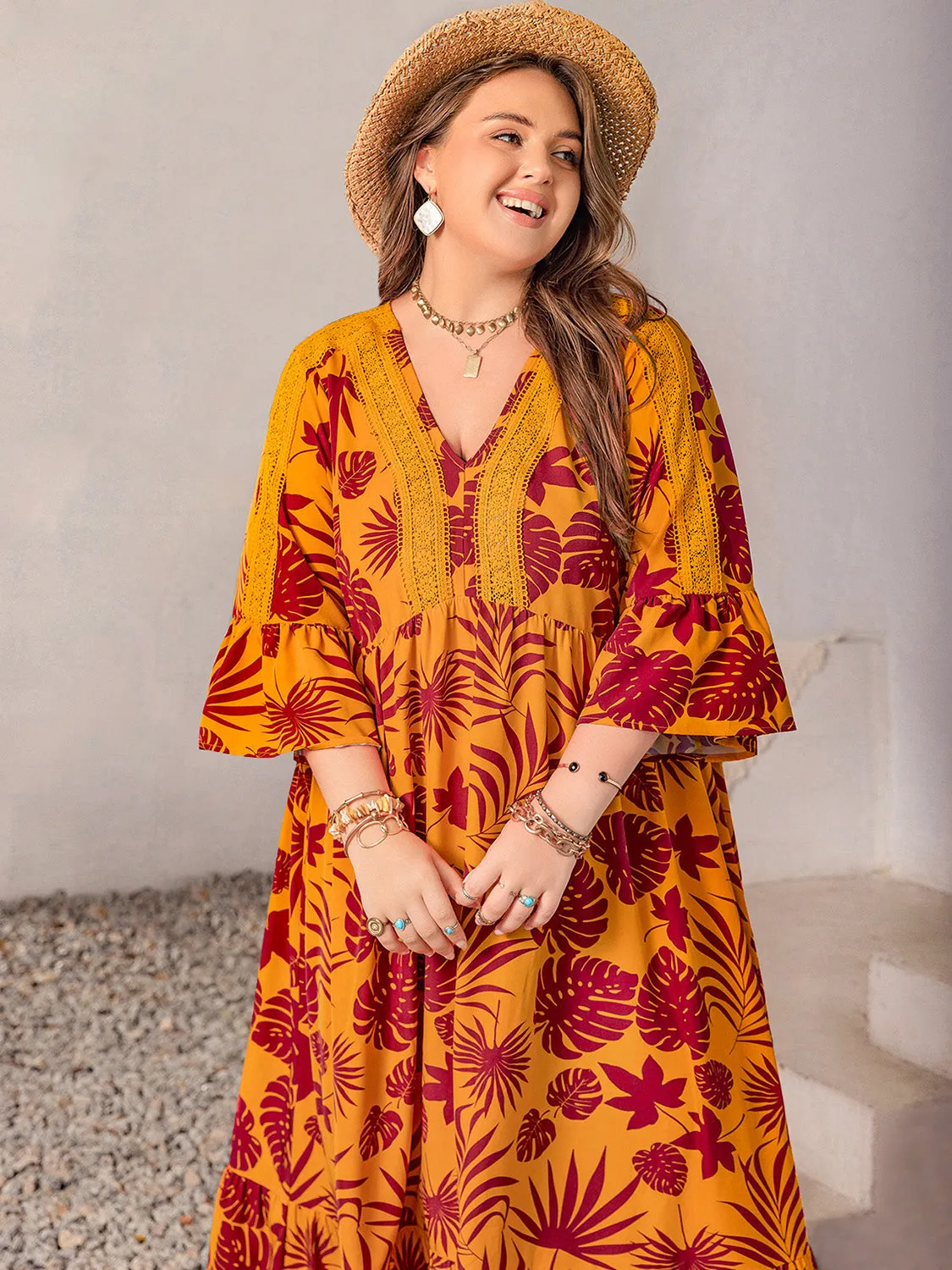 TEEK - Tangerine Plus Size Lace Trim Printed V-Neck Dress