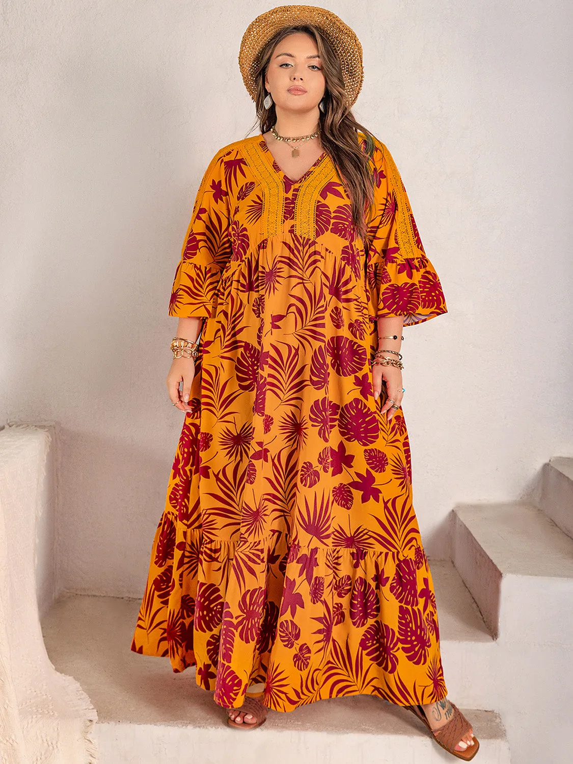 TEEK - Tangerine Plus Size Lace Trim Printed V-Neck Dress