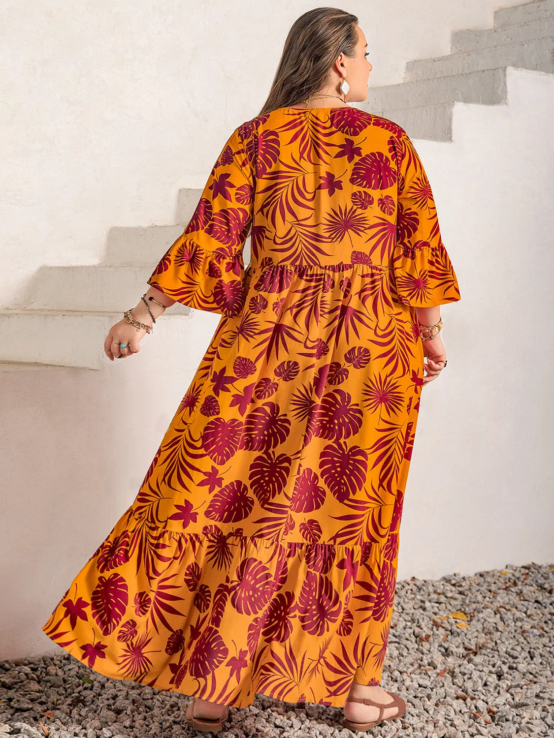 TEEK - Tangerine Plus Size Lace Trim Printed V-Neck Dress