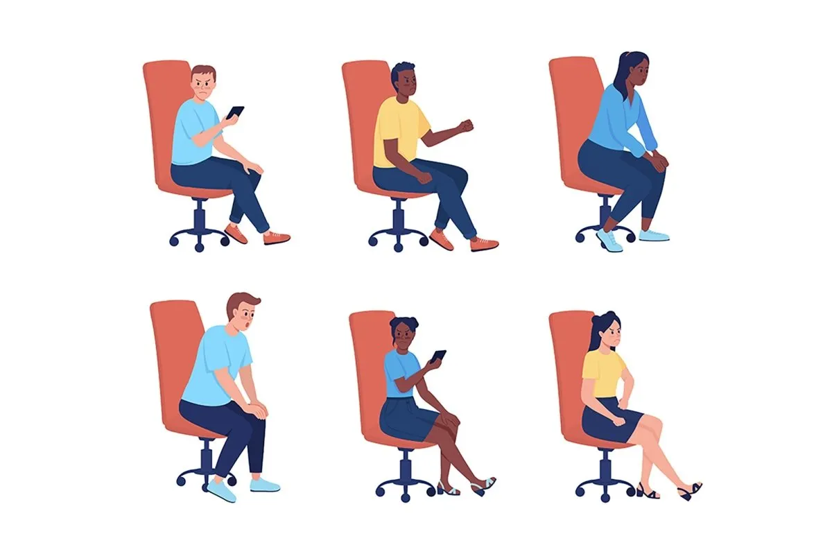 Teenagers sitting in office chairs semi flat color vector characters set