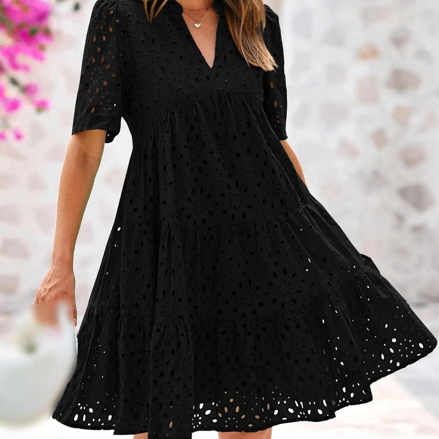 The Beauty North Eyelet Dress,Ruffle Dresses for Women 2025,Women Summer Ruffle Hem Lace Dress