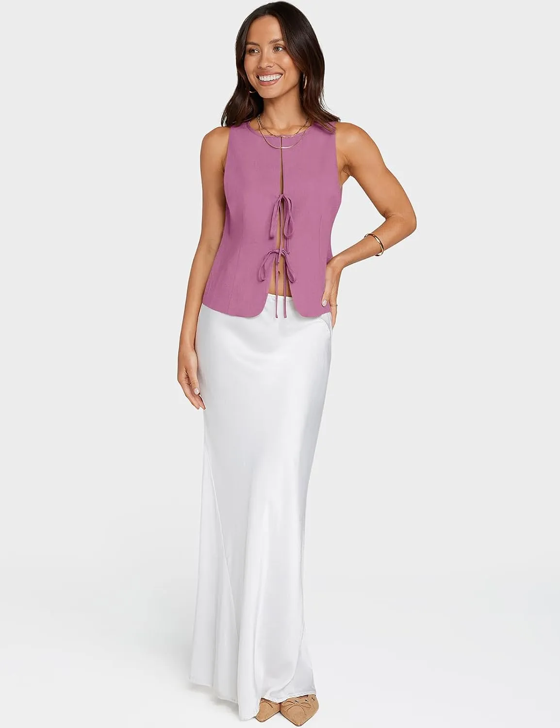 UEU Womens Tie Front Vest Top Bow Open Front Crop Tank Tops Summer Casual Sleeveless Shirt 2025 Y2K Trendy Outfits
