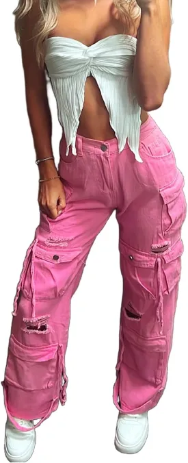 Vaceky Denim Baggy Jeans Women Straight Leg Y2K Distressed Cargo Joggers with Pockets