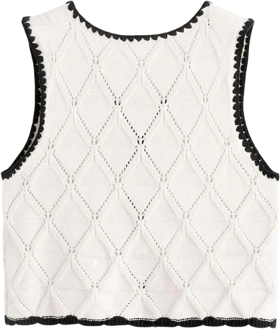 Verdusa Women's Old Money Bow Tie Crochet Sweater Vest Contrast Binding Knot Front V Neck Knit Top