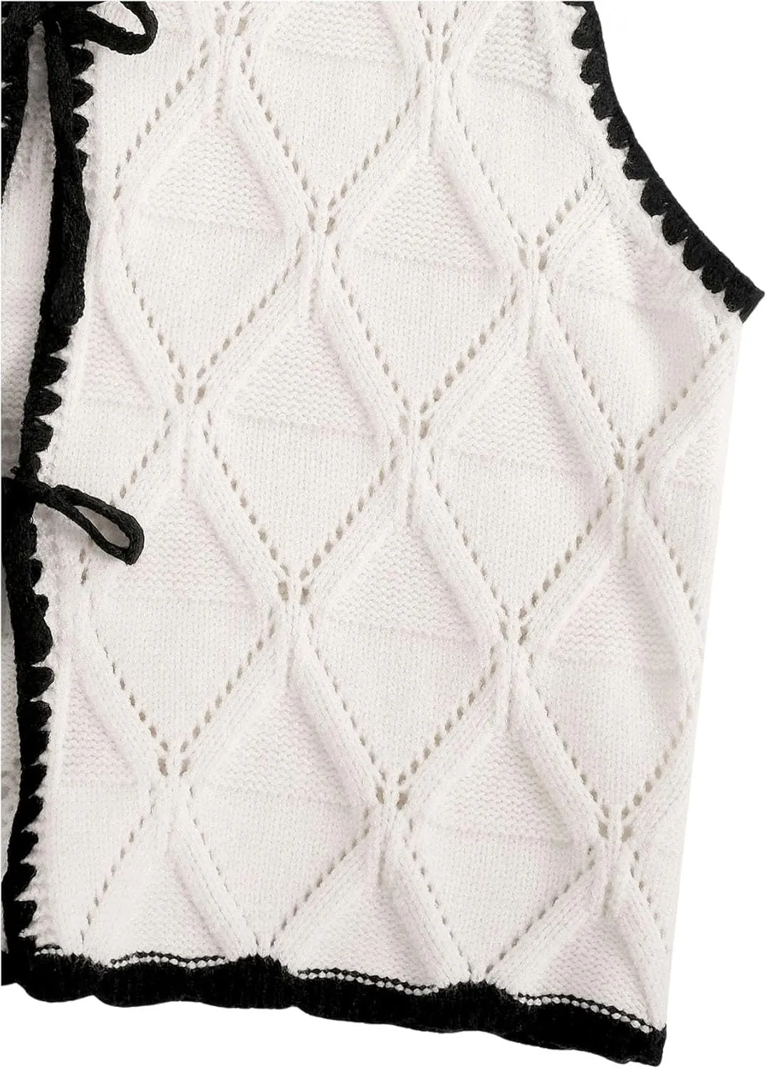 Verdusa Women's Old Money Bow Tie Crochet Sweater Vest Contrast Binding Knot Front V Neck Knit Top