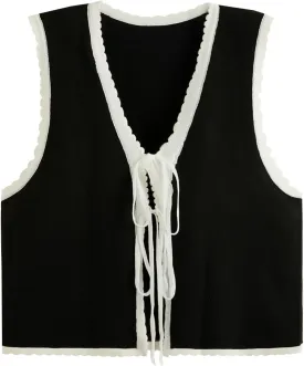 Verdusa Women's Old Money Bow Tie Crochet Sweater Vest Contrast Binding Knot Front V Neck Knit Top