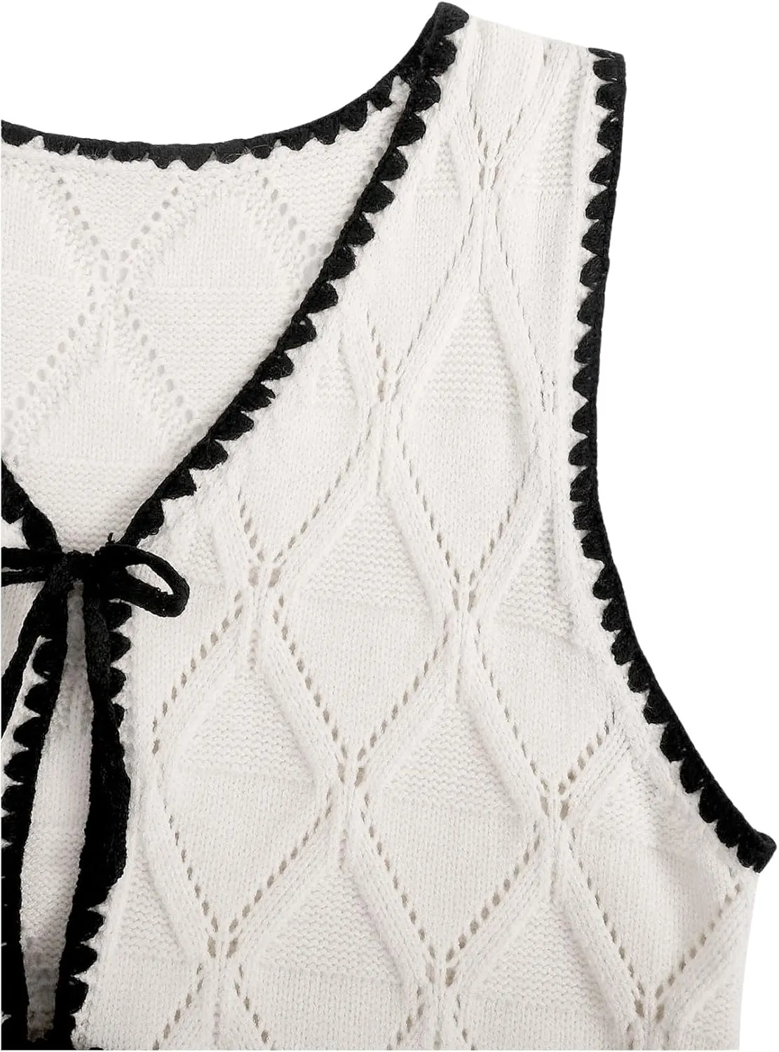Verdusa Women's Old Money Bow Tie Crochet Sweater Vest Contrast Binding Knot Front V Neck Knit Top