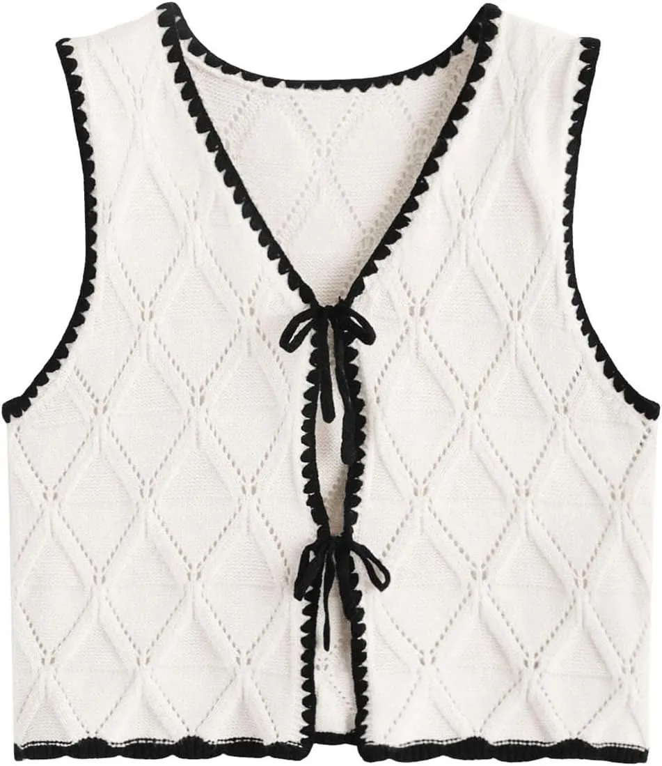Verdusa Women's Old Money Bow Tie Crochet Sweater Vest Contrast Binding Knot Front V Neck Knit Top