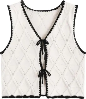 Verdusa Women's Old Money Bow Tie Crochet Sweater Vest Contrast Binding Knot Front V Neck Knit Top