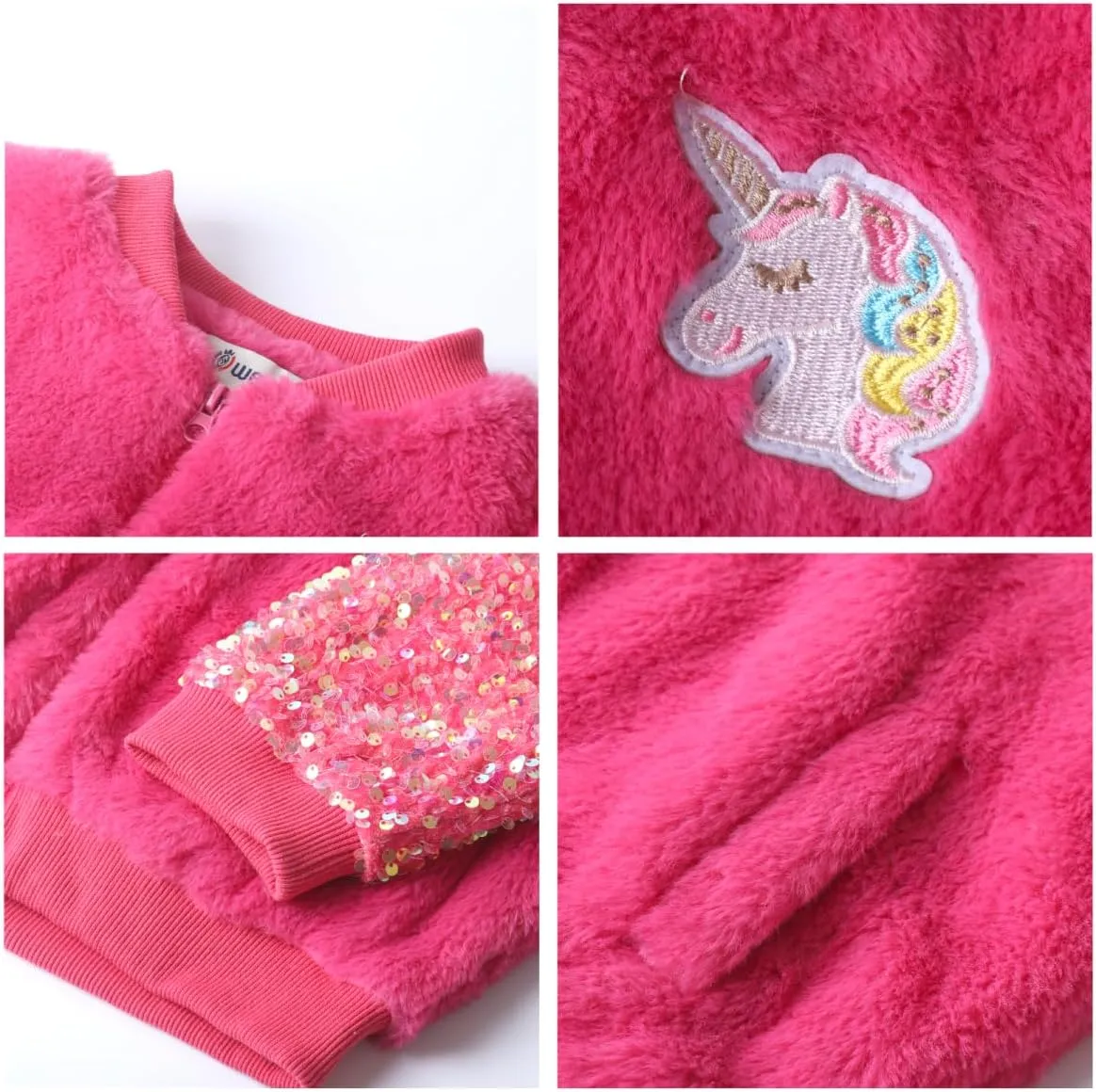 WELAKEN Girls Unicorn Fleece Full-zip Sequin Sleeves Jacket with Pocket for Toddler & Kids