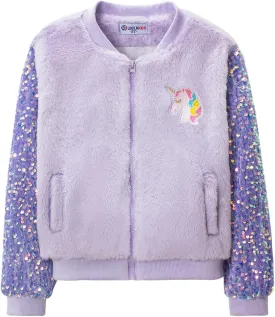 WELAKEN Girls Unicorn Fleece Full-zip Sequin Sleeves Jacket with Pocket for Toddler & Kids