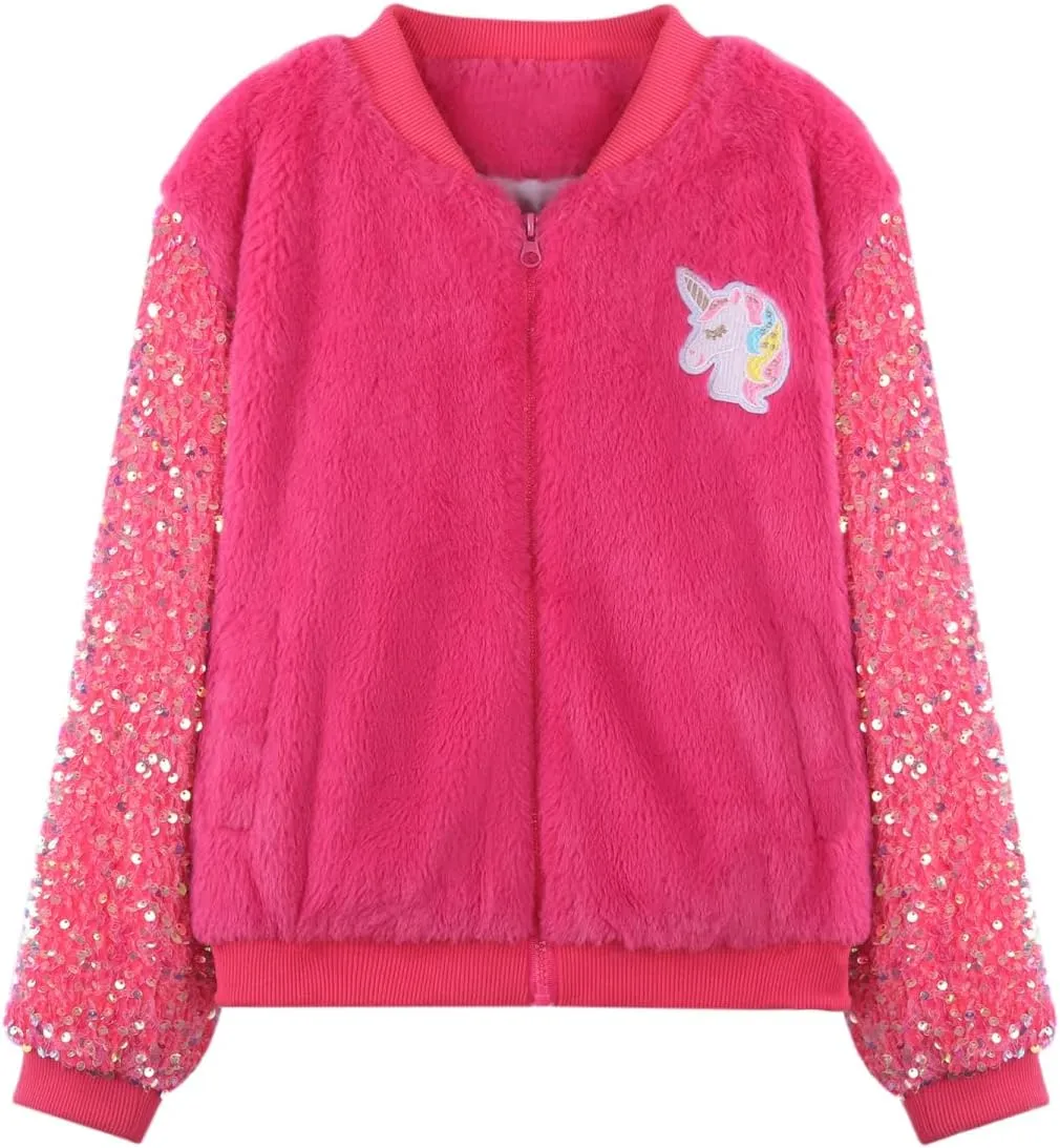WELAKEN Girls Unicorn Fleece Full-zip Sequin Sleeves Jacket with Pocket for Toddler & Kids