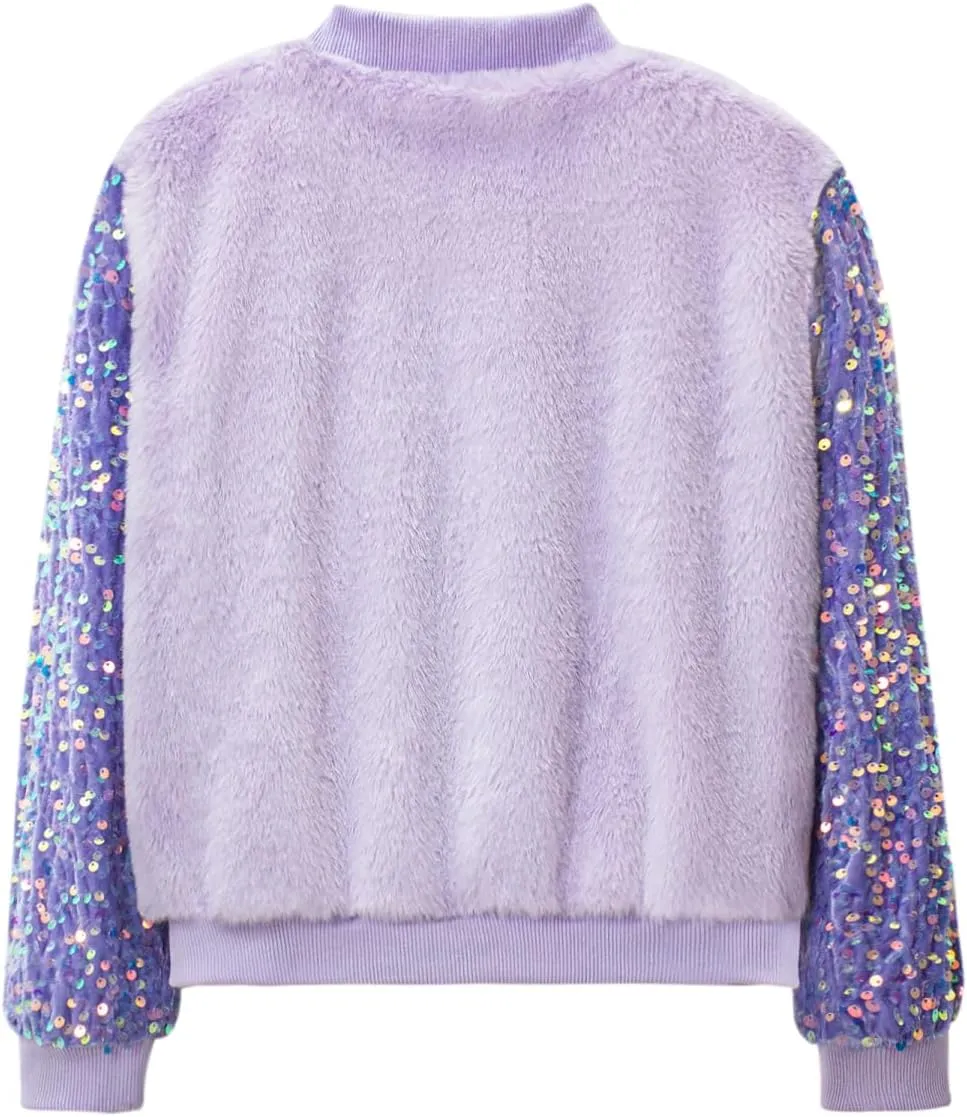 WELAKEN Girls Unicorn Fleece Full-zip Sequin Sleeves Jacket with Pocket for Toddler & Kids