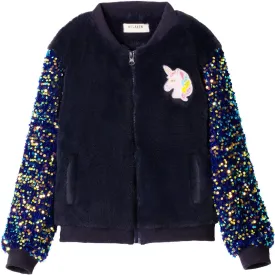 WELAKEN Girls Unicorn Fleece Full-zip Sequin Sleeves Jacket with Pocket for Toddler & Kids
