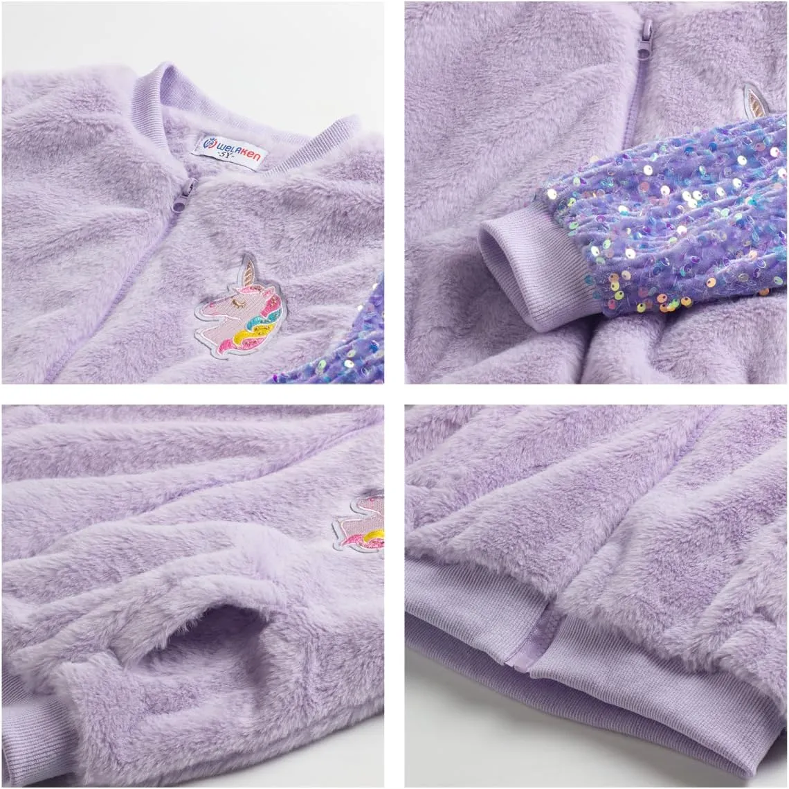 WELAKEN Girls Unicorn Fleece Full-zip Sequin Sleeves Jacket with Pocket for Toddler & Kids