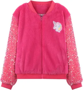 WELAKEN Girls Unicorn Fleece Full-zip Sequin Sleeves Jacket with Pocket for Toddler & Kids