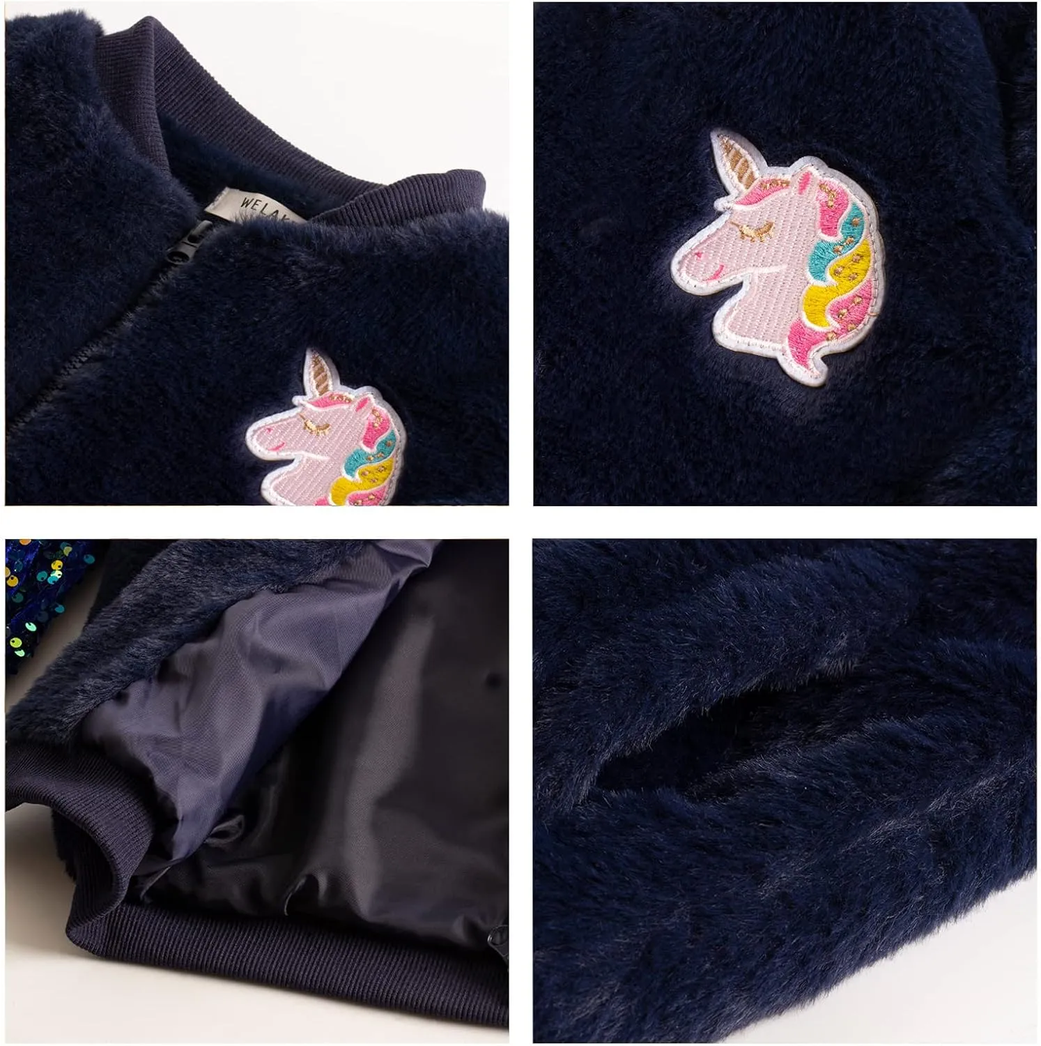 WELAKEN Girls Unicorn Fleece Full-zip Sequin Sleeves Jacket with Pocket for Toddler & Kids