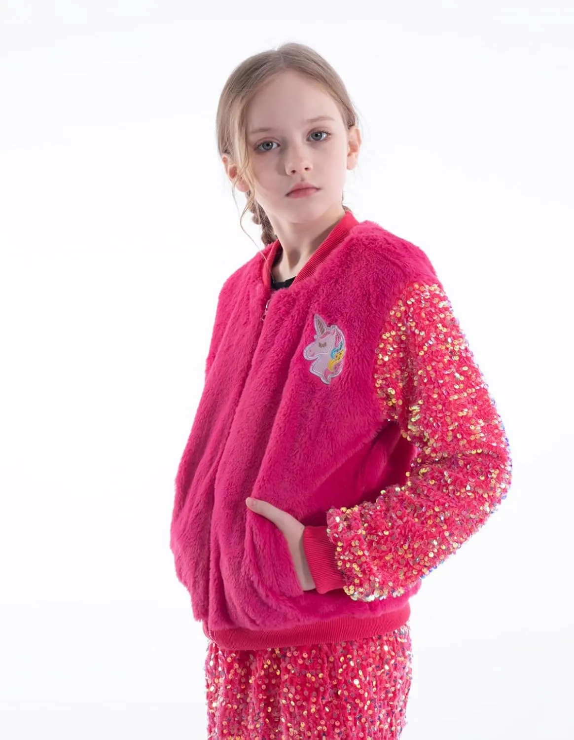 WELAKEN Girls Unicorn Fleece Full-zip Sequin Sleeves Jacket with Pocket for Toddler & Kids