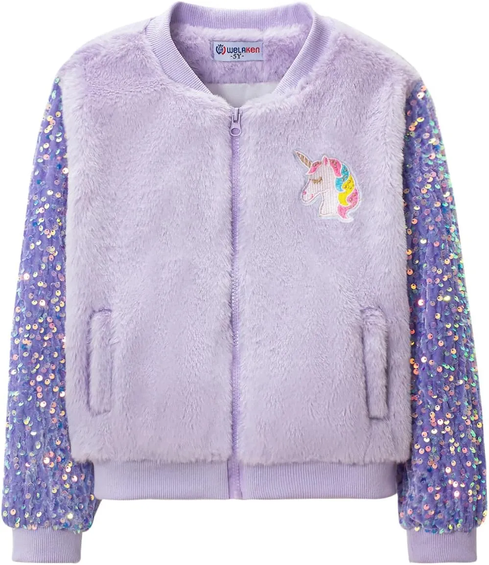 WELAKEN Girls Unicorn Fleece Full-zip Sequin Sleeves Jacket with Pocket for Toddler & Kids