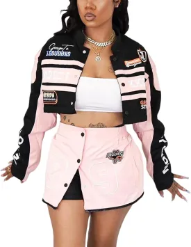Women's 2 Piece Outfits Long Sleeve Crop Jacket Top Bodycon Mini Skirt Set Lightweight Baseball Jacket Streetwear