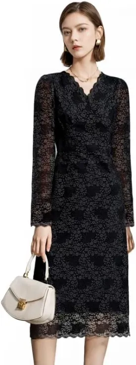 Women's Lace Floral V-Neck Dress with Puff Sleeves and Back Zipper, Elegant and Romantic Design
