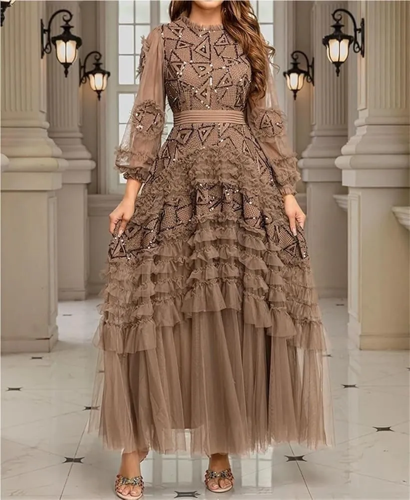 Women's Lace Ruffle Dress Long Sleeve Round Neck Pendant Detail Elegant Party Midi Dress