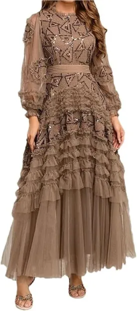 Women's Lace Ruffle Dress Long Sleeve Round Neck Pendant Detail Elegant Party Midi Dress