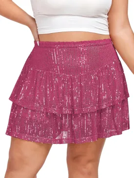 Women's Sequin Short Skirt High Waist Sparkly Ruffle Mini Skater Skirt Glitter Tiered Skirt Night Out Party