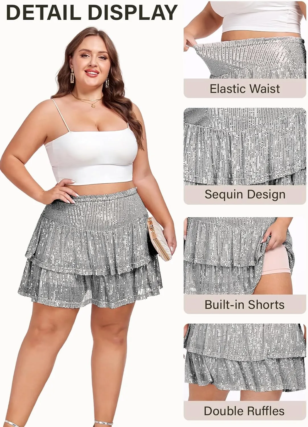 Women's Sequin Short Skirt High Waist Sparkly Ruffle Mini Skater Skirt Glitter Tiered Skirt Night Out Party