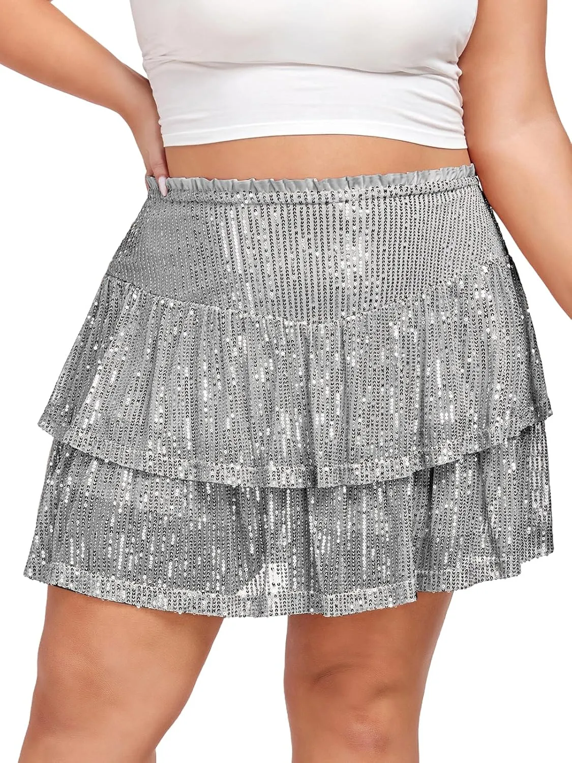 Women's Sequin Short Skirt High Waist Sparkly Ruffle Mini Skater Skirt Glitter Tiered Skirt Night Out Party