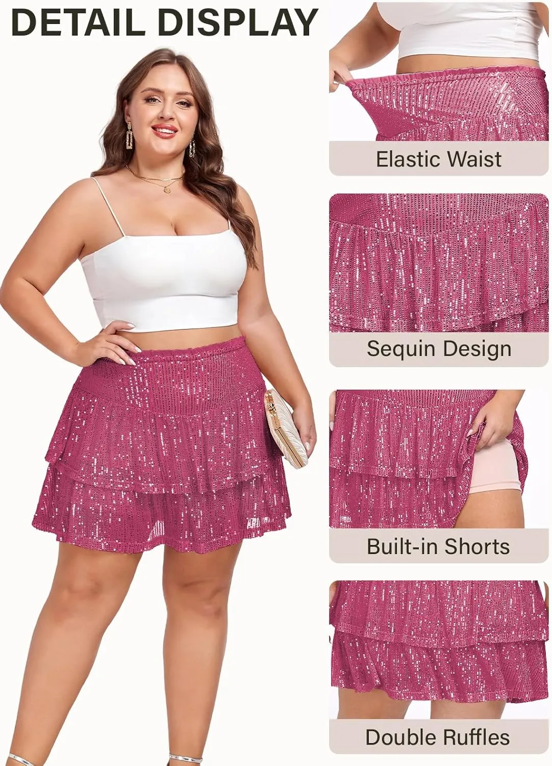 Women's Sequin Short Skirt High Waist Sparkly Ruffle Mini Skater Skirt Glitter Tiered Skirt Night Out Party