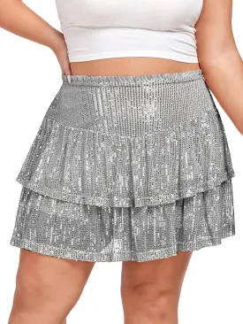 Women's Sequin Short Skirt High Waist Sparkly Ruffle Mini Skater Skirt Glitter Tiered Skirt Night Out Party