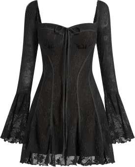Women's Short Corset Y2k Mini Dress Long Sleeve Low Cut Lace Dress Vintage Solid Floral Party Dresses