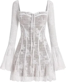 Women's Short Corset Y2k Mini Dress Long Sleeve Low Cut Lace Dress Vintage Solid Floral Party Dresses