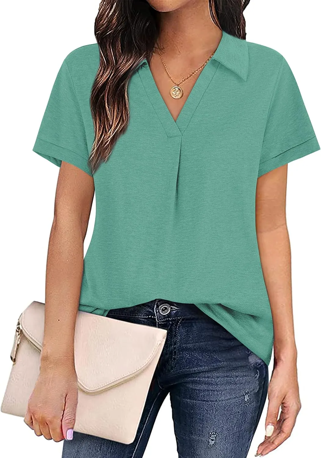 Womens V Neck Collared Shirt Short Sleeve Work Polo T Shirts Summer Dressy Casual Loose Fit Tunic Tops and Blouses
