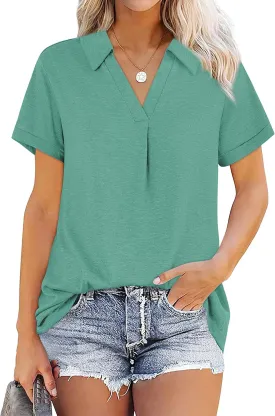 Womens V Neck Collared Shirt Short Sleeve Work Polo T Shirts Summer Dressy Casual Loose Fit Tunic Tops and Blouses