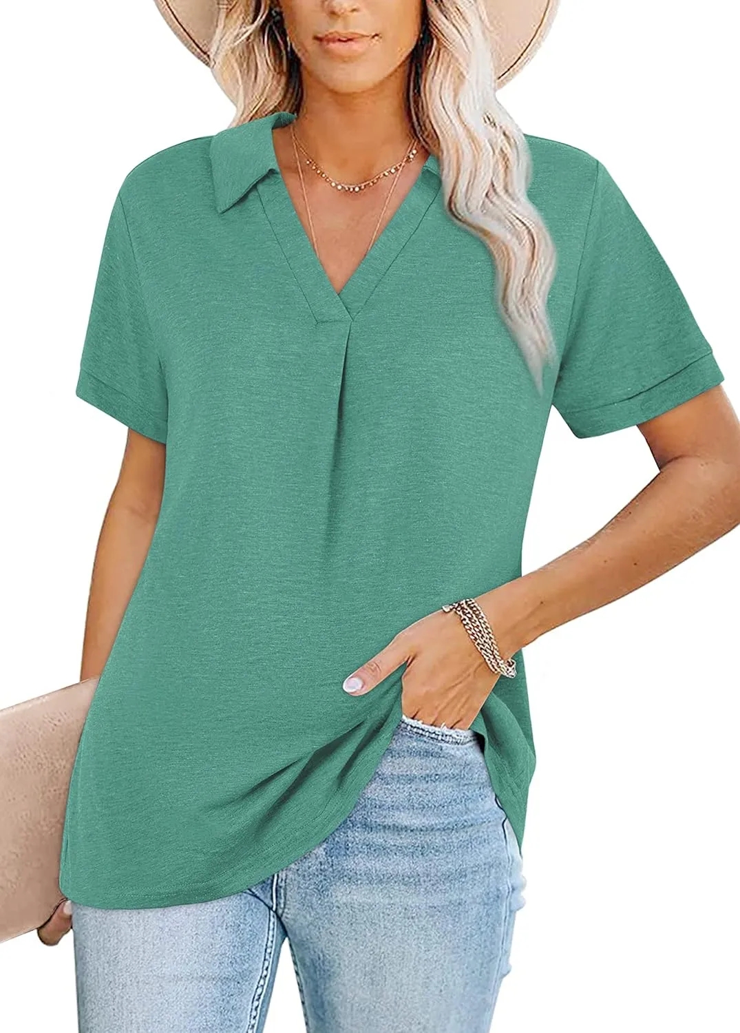 Womens V Neck Collared Shirt Short Sleeve Work Polo T Shirts Summer Dressy Casual Loose Fit Tunic Tops and Blouses