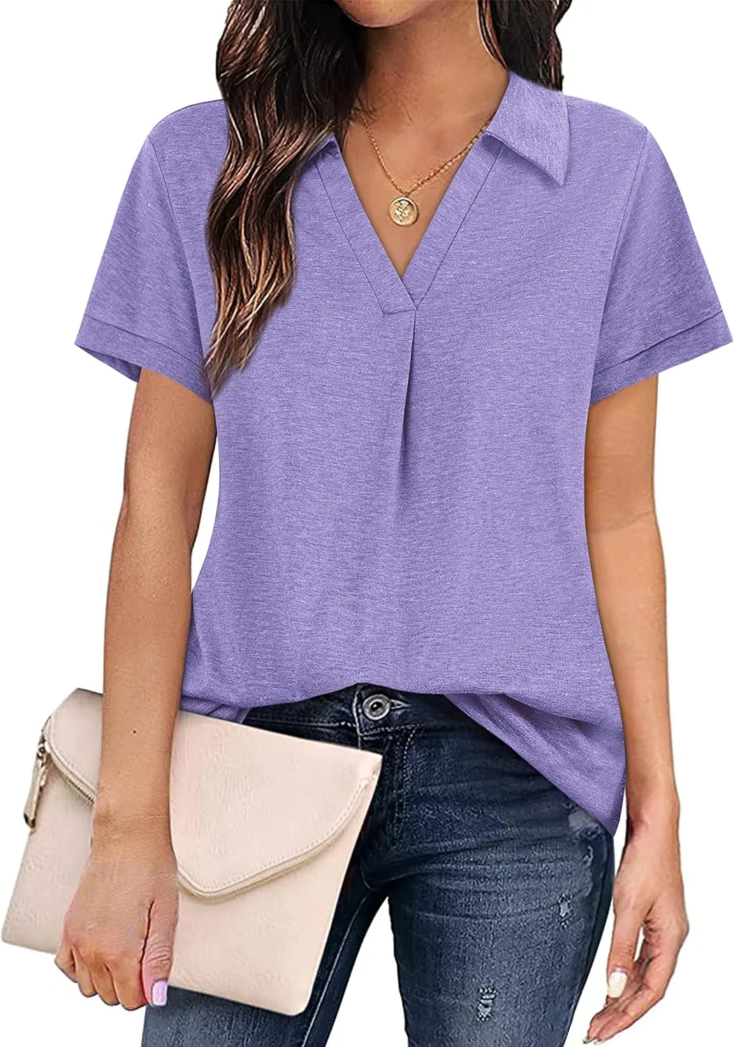 Womens V Neck Collared Shirt Short Sleeve Work Polo T Shirts Summer Dressy Casual Loose Fit Tunic Tops and Blouses