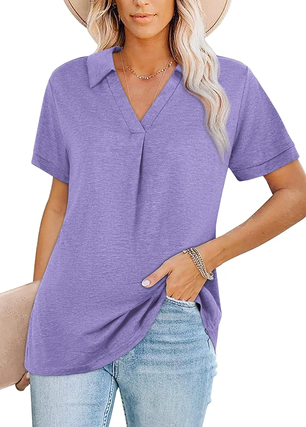 Womens V Neck Collared Shirt Short Sleeve Work Polo T Shirts Summer Dressy Casual Loose Fit Tunic Tops and Blouses