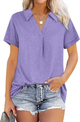 Womens V Neck Collared Shirt Short Sleeve Work Polo T Shirts Summer Dressy Casual Loose Fit Tunic Tops and Blouses