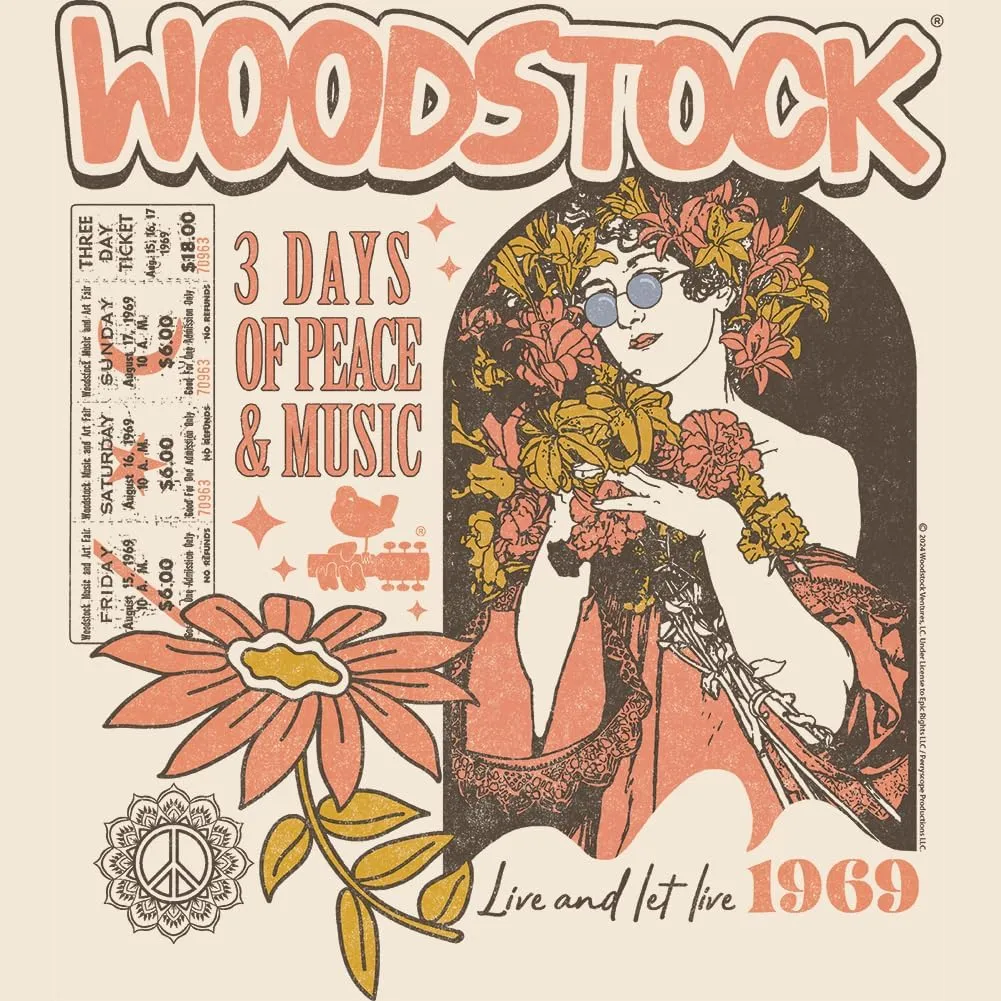 Woodstock 3 Days of Peace and Music Adult Short Sleeve T Shirt 60s Music Vintage Style Graphic Tees